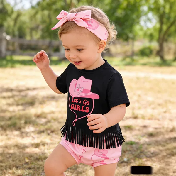 Yt2566Bc Baby Girl Three-Piece Western Style Outfit Black and Apricot Tassel Top Pink Cowboy Hat Print