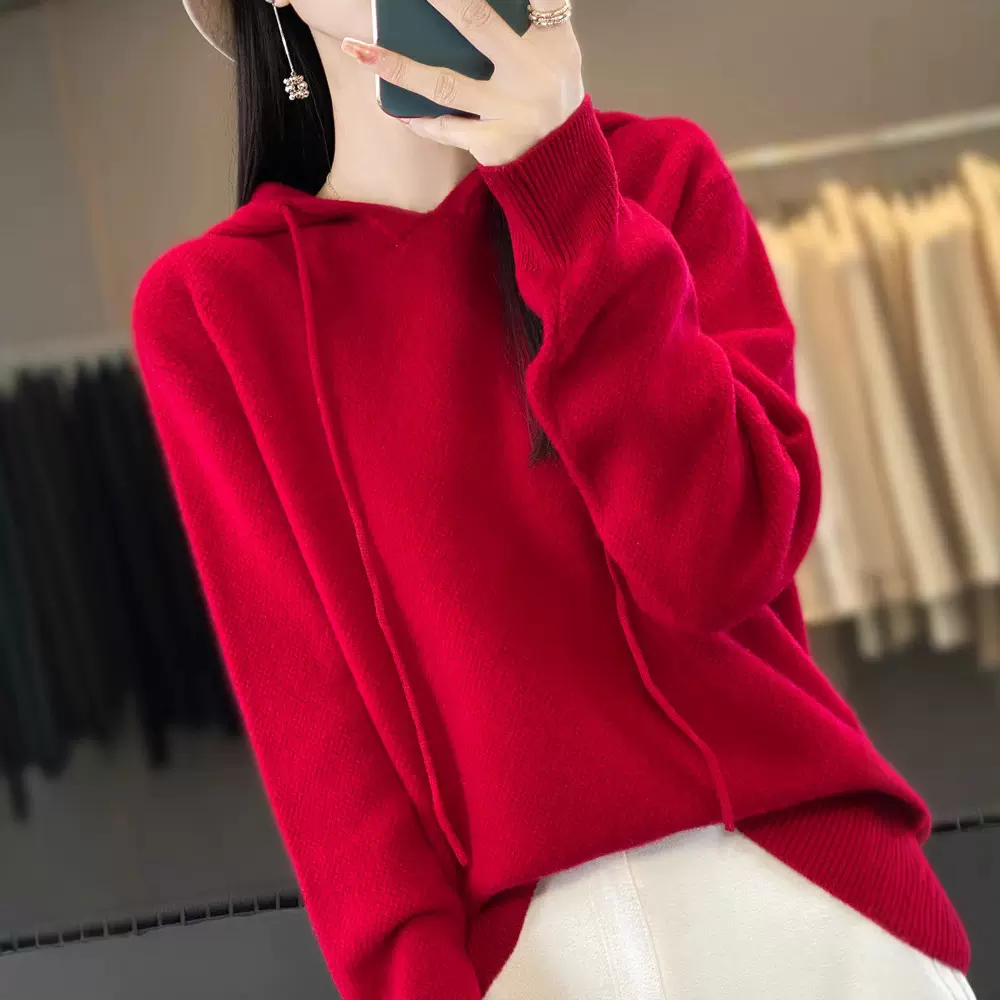 春秋连帽羊毛衫女长袖本命年红色套头帽衫女宽松慵懒毛衣新年战袍