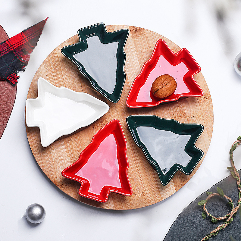 Creative Christmas Tree-Shaped Ceramic Dried Fruit Plate Snack Plate Scandinavian Christmas Style Tableware Rotatable Wooden Tray