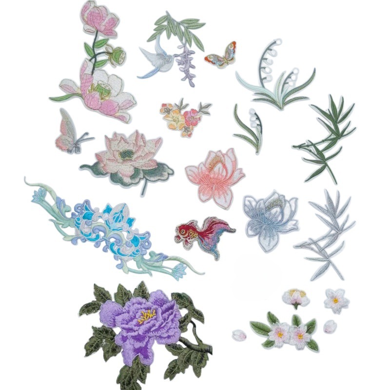 2026 ventas calientes de nuevo estilo nacional DIY grupo de ropa de ventilador bordado pegatinas de flores de bambú hoja de phoenix pegatinas de flores de melocotón