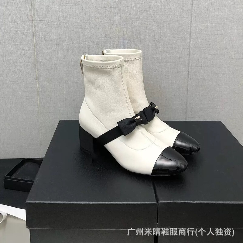 High Version Small Fragrance Bow Thick Heel Short Boots for Women 2025 New Genuine Leather Ankle Boots Versatile to Enhance Climax