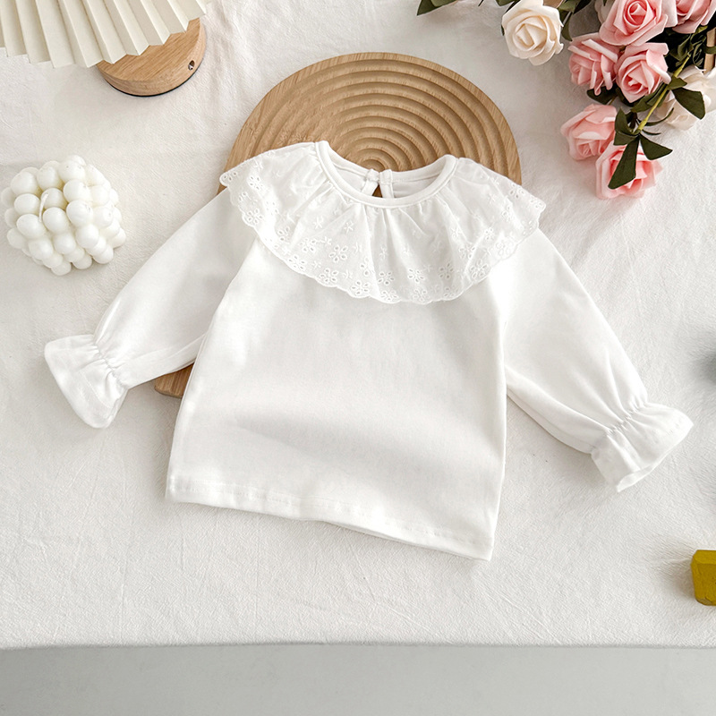 Ins bebé camisa de fondo princesa primavera y otoño top mujer bebé primavera blanco todo fósforo cuello de hoja de loto camiseta de manga larga para niña