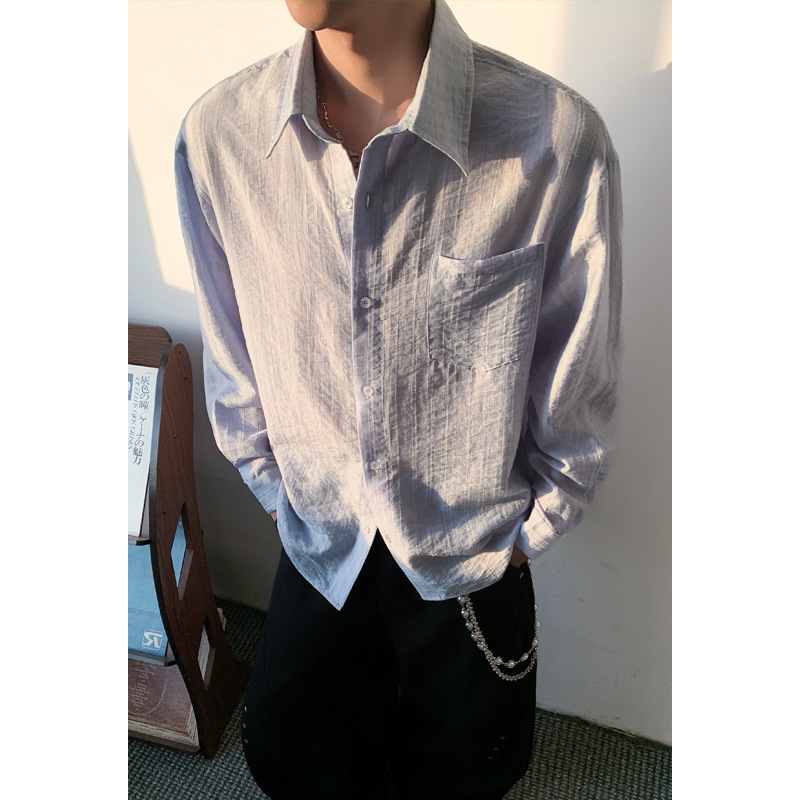 Hong Kong-style Retro Textured Thin Shirt, 2026 Spring New Model, Large Size, Solid Color, Collared, Long-sleeved,_voghion.com