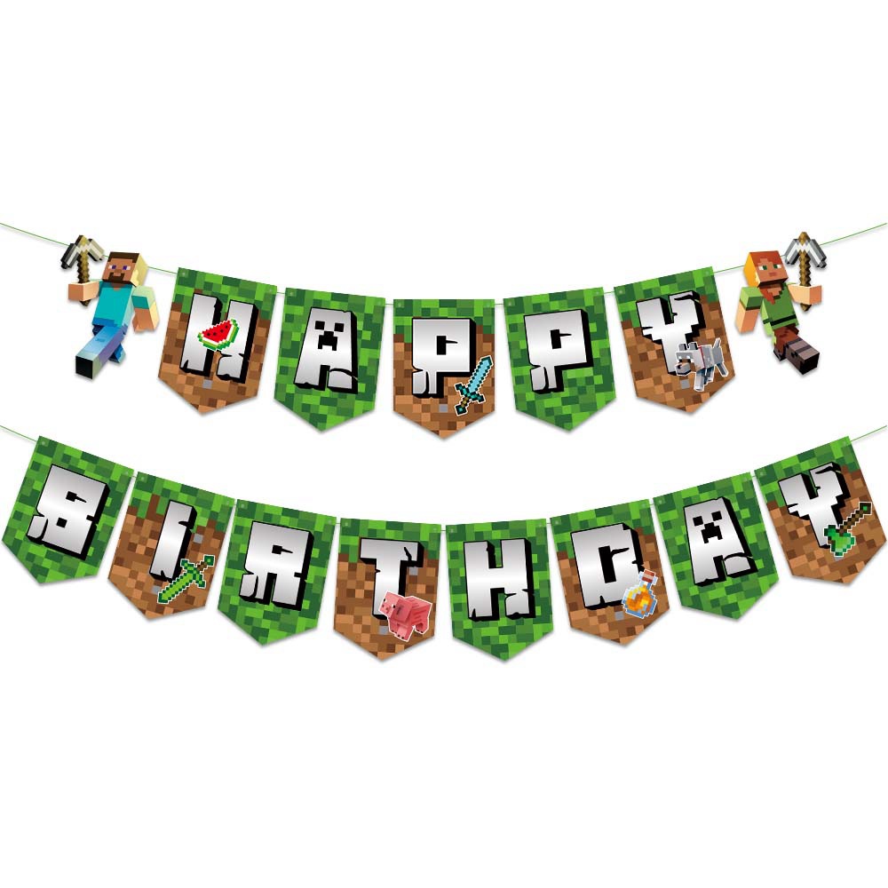 Set de Decoración para Fiesta de Cumpleaños de Minecraft, Banner de Feliz Cumpleaños de Pixel Wars, Decoración para Pastel y Postres