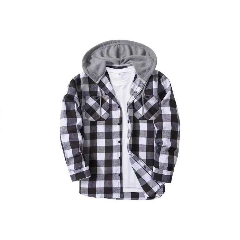 2025 New Men's Large Size Plaid Hooded Shirt European and American Size Double Pocket Hooded Shirt Men's Casual Style 2025 New Men's Large Size Plaid Hooded Shirt European and American Size Double Pocket Hooded Shirt Men's Casual Style