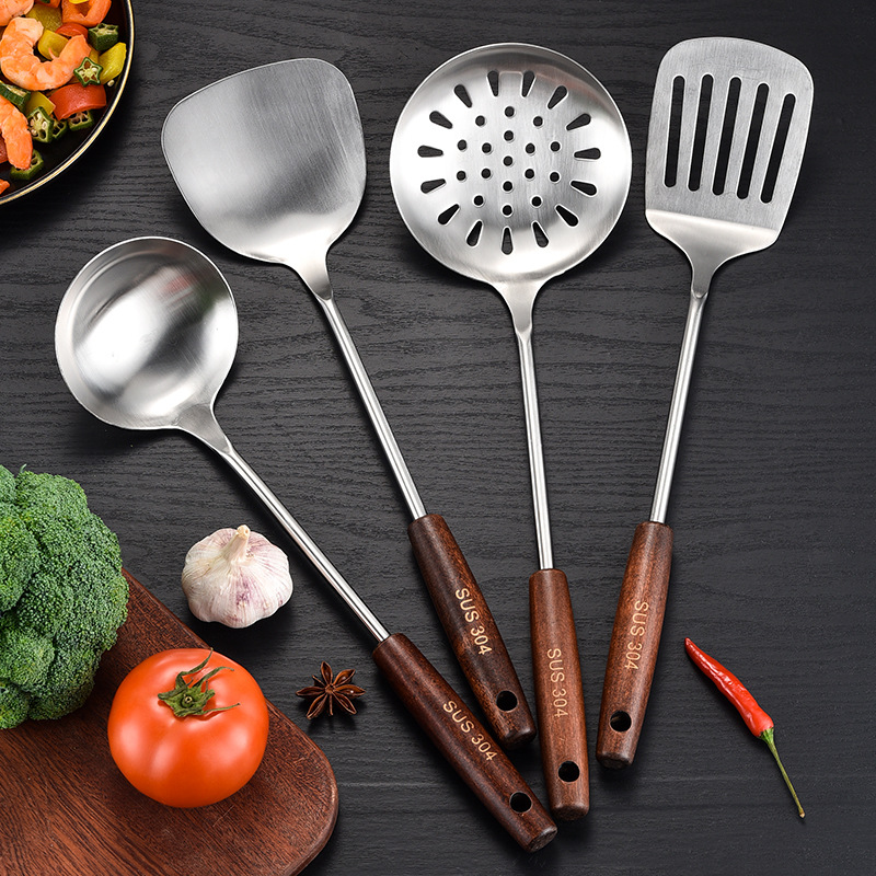 Kitchen cooking wooden handle 304 stainless steel spatula creative wooden handle colander shovel kitchen utensil set wholesale