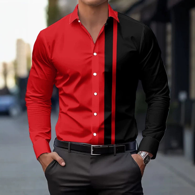Red and black contrast color men's long-sleeve shirt with vertical stripe stitching, slim fit, turn-down collar, business shirt, cross-border men's clothing, in stock from manufacturer Red and black contrast color men's long-sleeve shirt with vertical stripe stitching, slim fit, turn-down collar, business shirt, cross-border men's clothing, in stock from manufacturer
