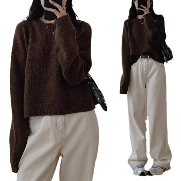 Solid color knitted spring base body-friendly sweater with a round…