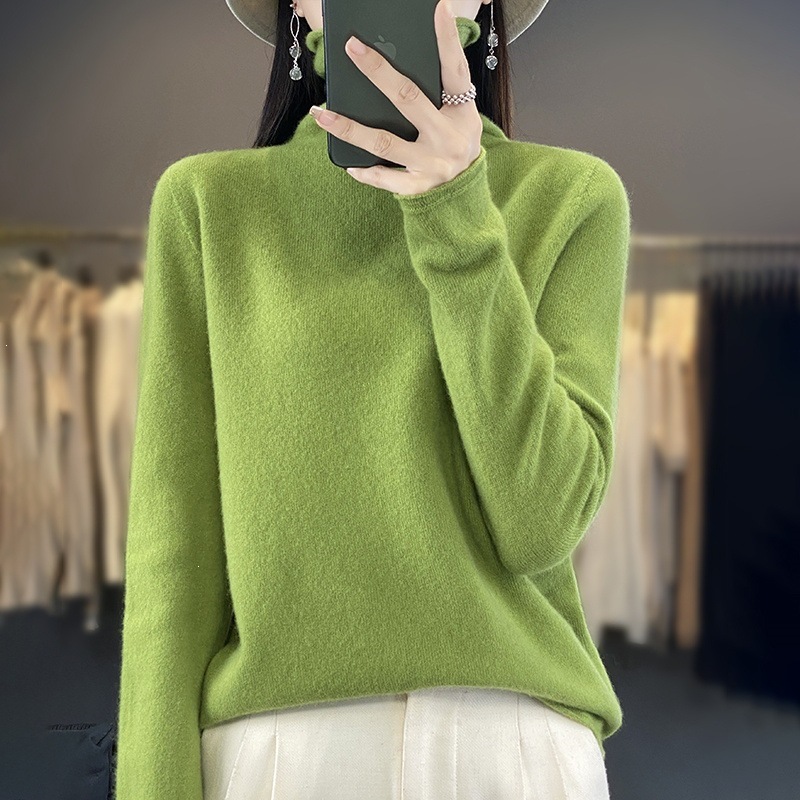 100% wool autumn and winter style high-end ready-to-wear turtleneck knit sweater, solid color high-neck wool base layer top for women