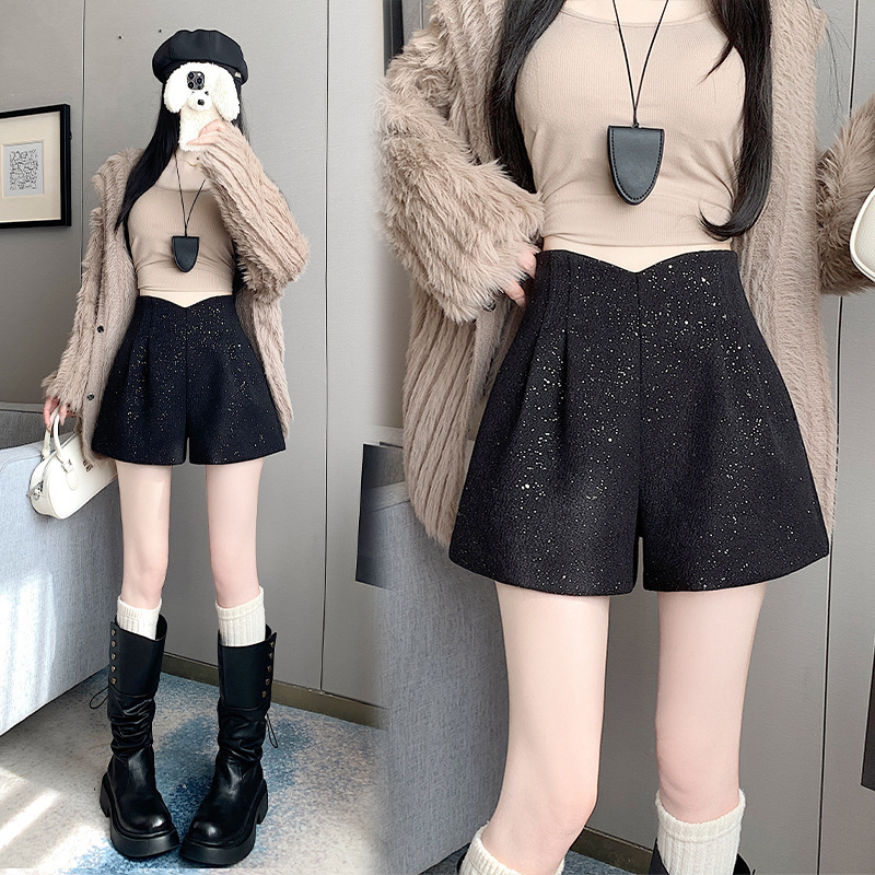 A- word Black Sequin Woolen Shorts Women's 2024 Winter New Design Sense V-shaped Waist Slimming Loose Wide-leg Hot Pants A- word Black Sequin Woolen Shorts Women's 2024 Winter New Design Sense V-shaped Waist Slimming Loose Wide-leg Hot Pants