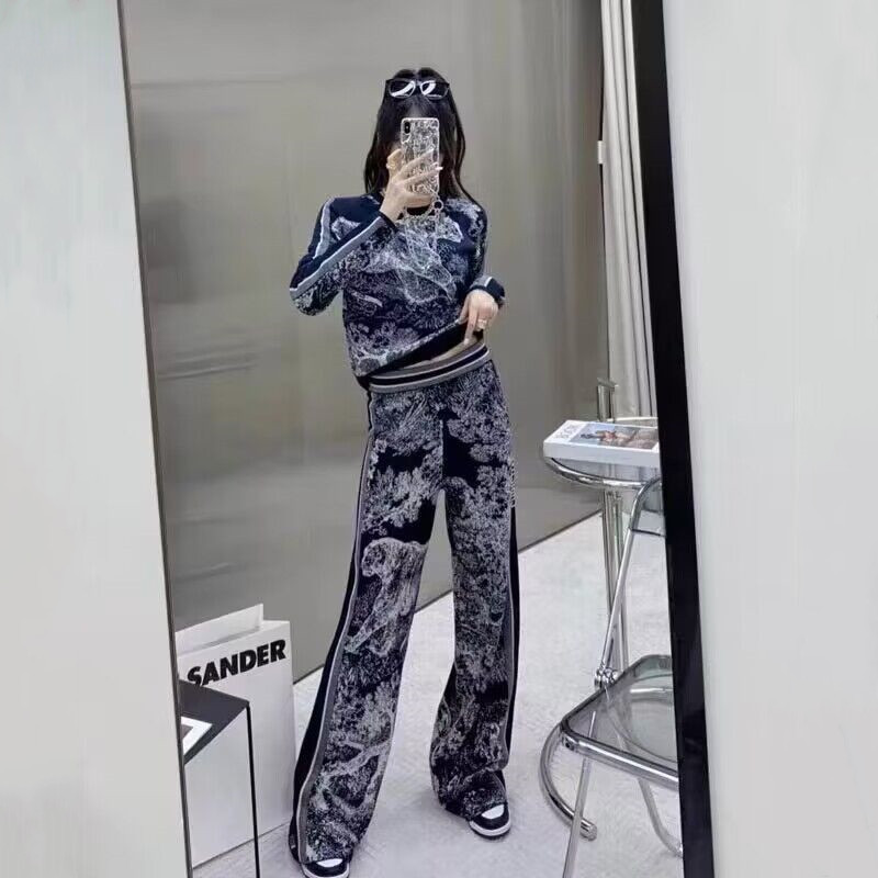 Damenbekleidung Modischer Anzug mit hoher Taille, bedruckter Hose mit weitem Bein, gerade geschnittene, schmale Hose, zweiteiliges Set, Tiger-Jacquard-Strickpullover_voghion.com