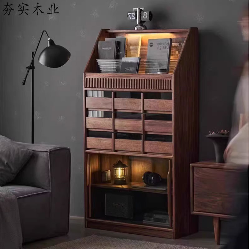 Solid Wood Bookcase Storage Rack Side Cabinet Light Luxury Simple Modern Bookshelf Living Room Bedroom Bucket Cabinet Black Walnut Magazine Cabinet