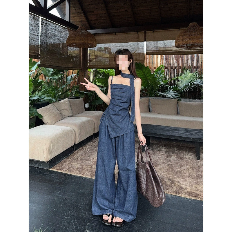 Q2R, реальная цена, топ без рукавов, широкие брюки, комплект из двух предметов для женщин, летний комплект с топом на талии для горячих девушек