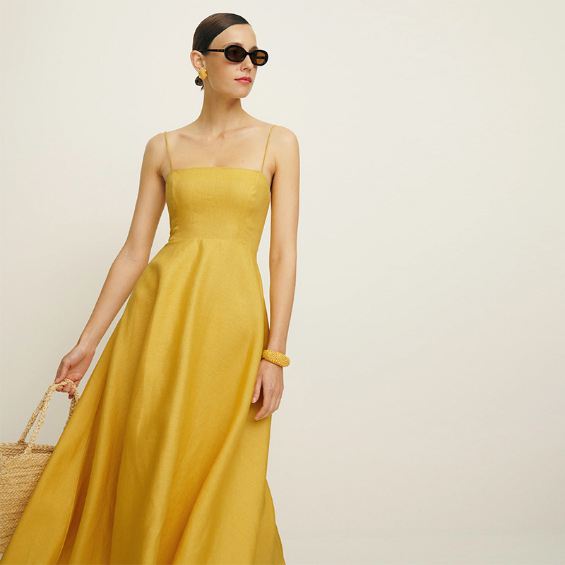 Spot 796 Summer New 2024 Pure Color Square Collar Slim Suspender Mid-Length Dress Linen Holiday Style Women