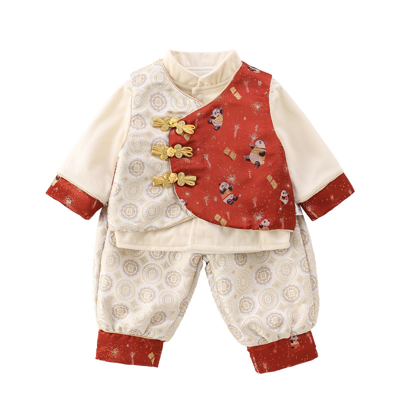 婴幼儿秋季衣服中国风三件套满月百天周岁红色秋款外出服复古拍照|undefined