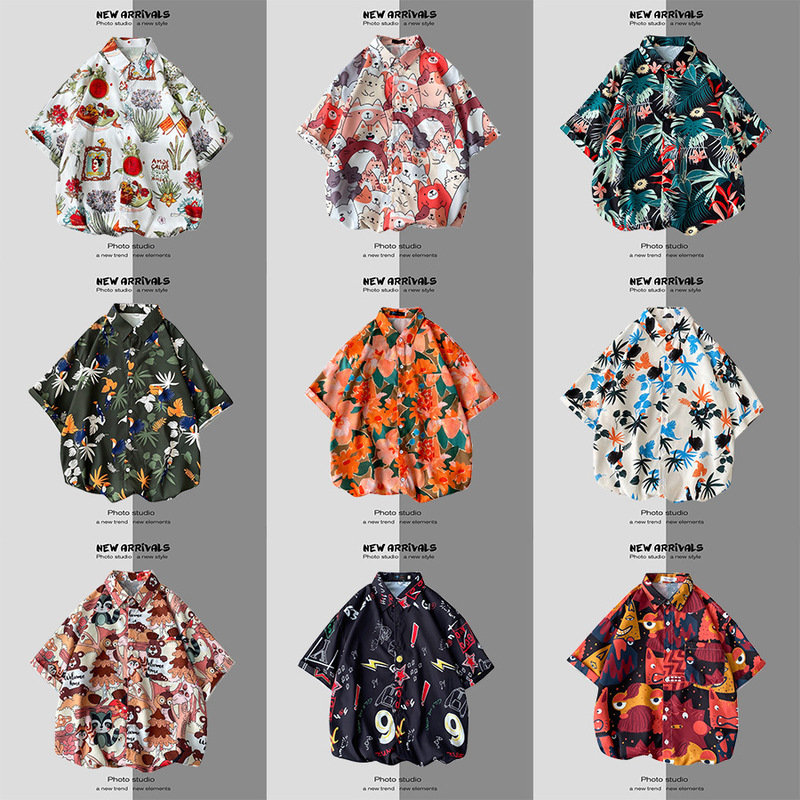 Hong Kong Style vintage Floral Shirt Men's Loose Fashionable Beach Summer Lazy Style Couple's Short-sleeved Shirt Jacket Hong Kong Style vintage Floral Shirt Men's Loose Fashionable Beach Summer Lazy Style Couple's Short-sleeved Shirt Jacket