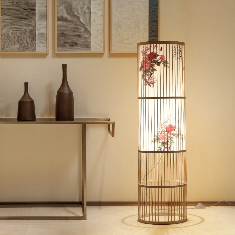 Chino lámpara de pie sala de estar bambú tejido lámpara de bambú japonés sala de té Club pasillo lámpara creativa Lámpara decorativa