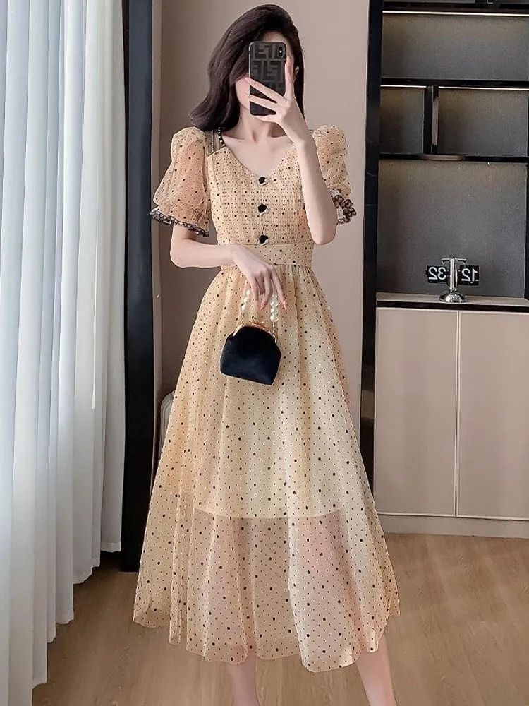 Váy maxi nữ thắt eo chất liệu lưới sóng chấm bi phong cách Pháp — 2808 màu đỏ, 2808 màu vàng, #2290#Quần áo chi tiết 1