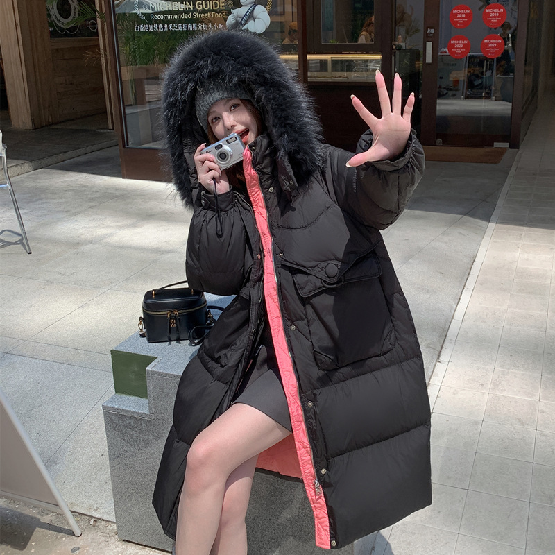 2025 Autumn/Winter New Long Style 90% White Duck down Plus Size 100kg Color-Block Hooded Raccoon Fur Collar down Jacket for Women 239