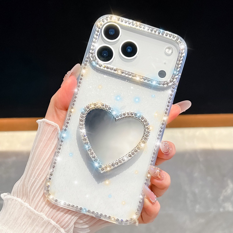 闪钻边框补妆镜子适用苹果17手机壳iPhone16promax奢华爱心支架15|undefined