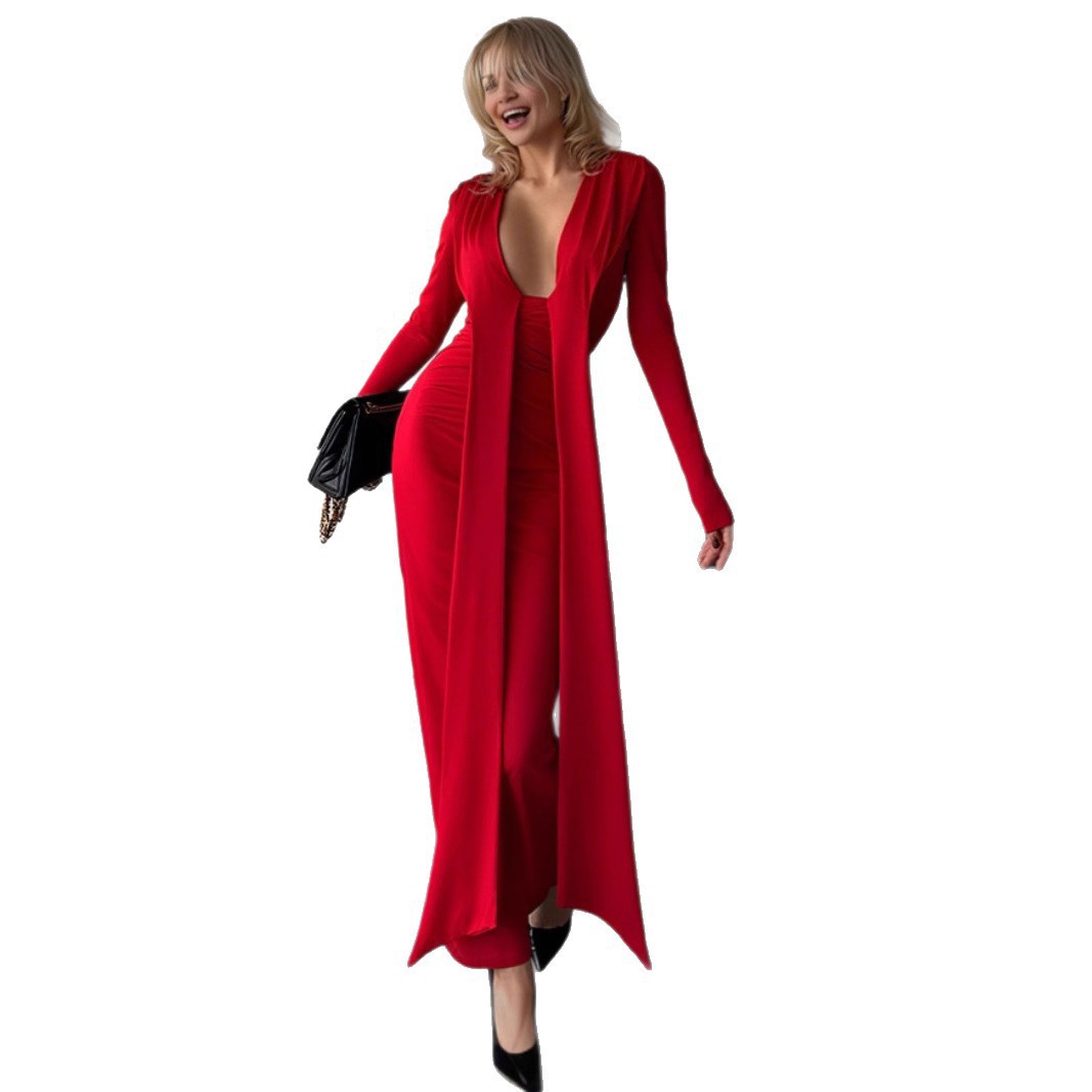 2025 Europa y América transfronterizos otoño nueva moda de mujer profunda V sexy manga larga correa delgada vestido de cadera para mujeres image 5