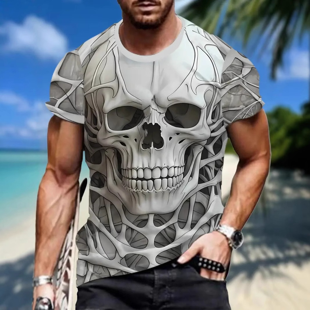AliExpress venta caliente esqueleto de calavera 3D impresión digital para hombre camiseta de cuello redondo de manga corta suelta y transpirable de verano