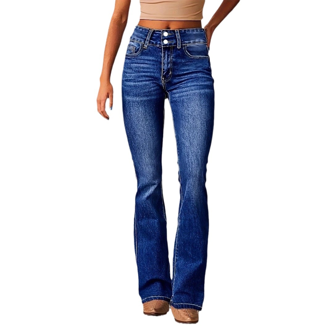Jean évasé stretch vintage pour femme - Jean en denim délavé et usé, coupe pattes d'éléphant, idéal pour un look streetwear et rétro_voghion.com