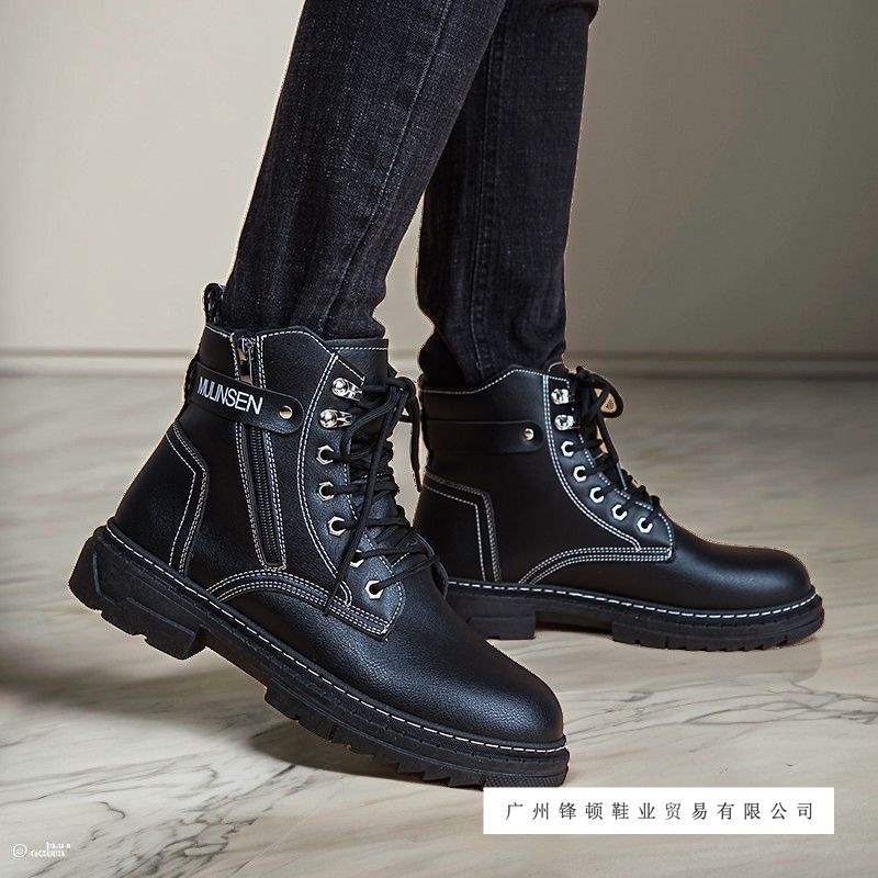 Martin Boots Men's New Spring and Autumn British Style High-Top Motorcycle Boots Workwear Leather Boots Thick-Soled Heightening Black Short Boots