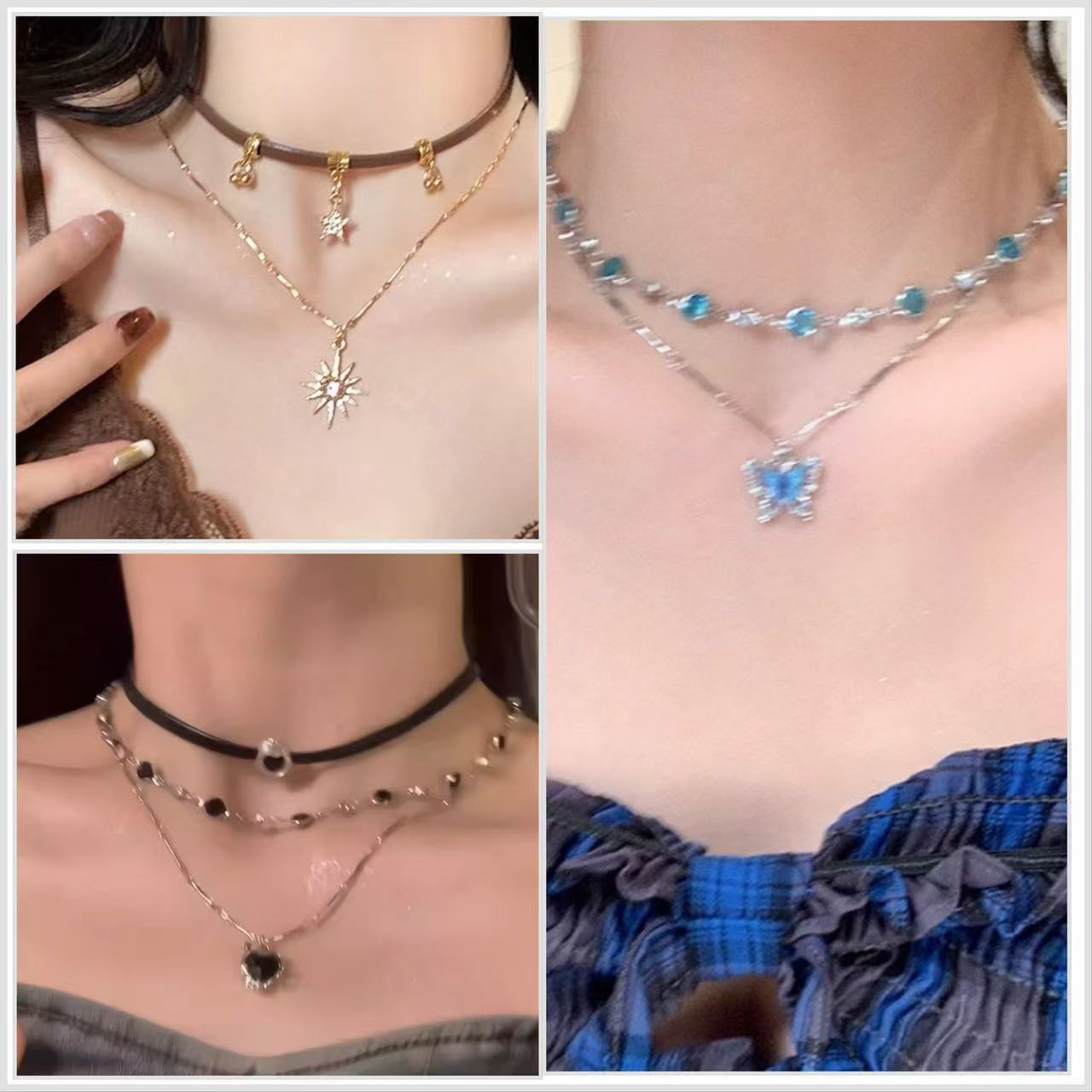 双层叠戴蓝色蝴蝶锆石项链轻奢高级感锁骨链时尚设计小众夏季配饰