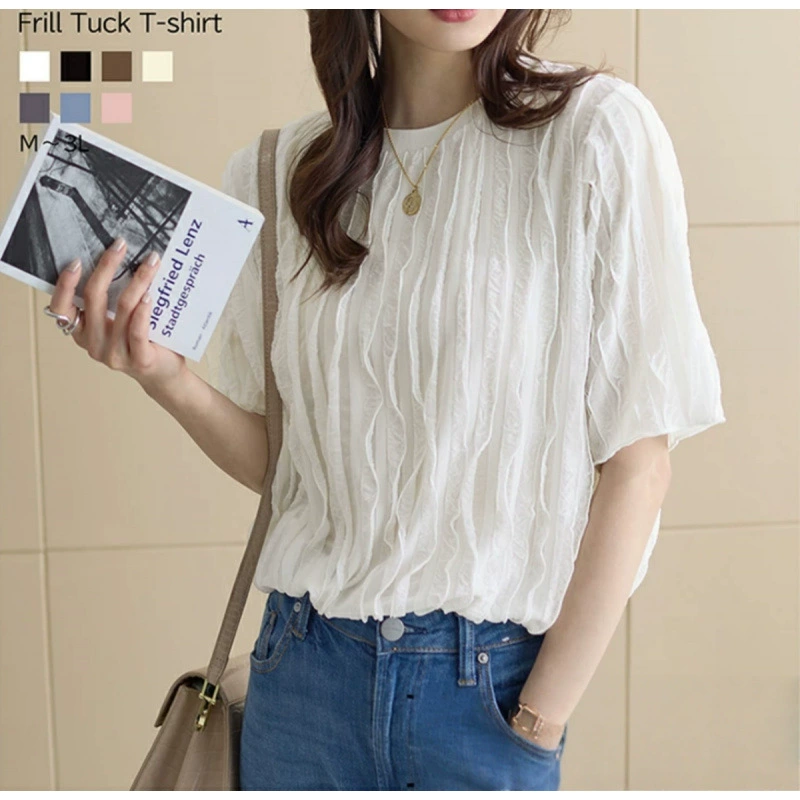 Плюс размер оригинальный 7 цветов 5 размеров 2025 новый летний стиль коровья плиссированная свободная футболка с круглым вырезом и короткими рукавами