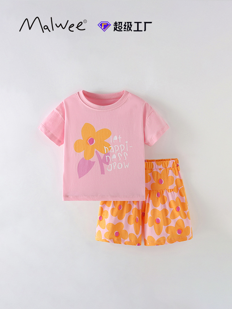 Traje de camiseta de niña malwee transfronterizo nuevo estilo de verano ropa de hogar para niños pequeños y medianos europeos y americanos lindo traje de dos piezas para niños