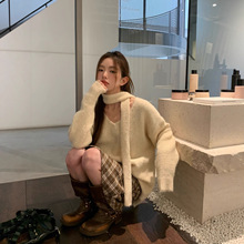 实拍 韩版休闲针织慵懒时尚韩国东大门百搭显瘦V领毛衣配围巾女