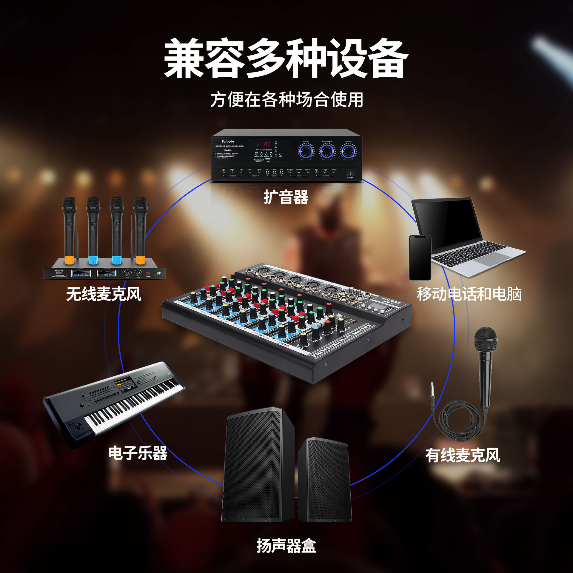 Mezclador de Audio de 7 Canales con Bluetooth, USB, Monitoreo en Tiempo Real para KTV, Cine en Casa y Grabación image 3