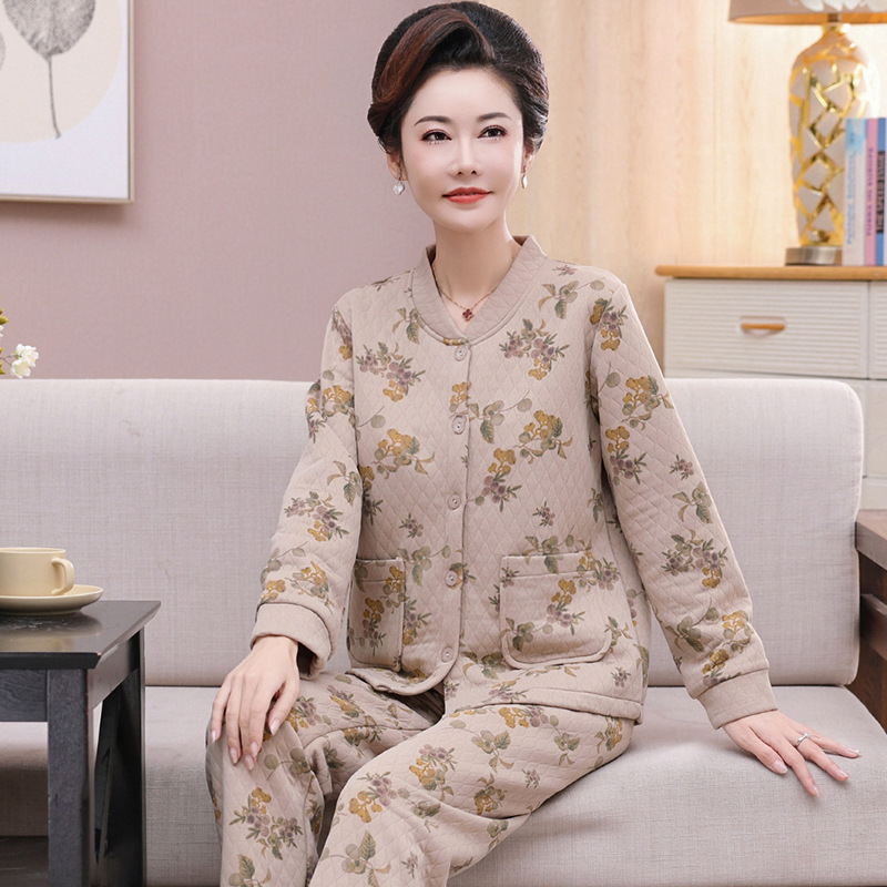 Autumn and Winter Middle-Aged and Elderly Women's Laminated Warm Pajamas Women's Air Cotton Mother's Home Clothes Set Can Be Worn Outside Autumn and Winter Middle-Aged and Elderly Women's Laminated Warm Pajamas Women's Air Cotton Mother's Home Clothes Set Can Be Worn Outside