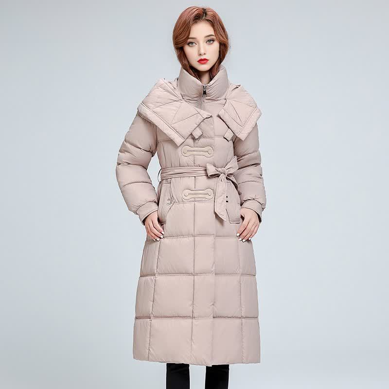 Knielange gewatteerde pufferjas met capuchon – dames dikke winterjas, slim-fit oversized silhouet (L-4XL, zwart/taupe/kaki/legergroen)_voghion.com