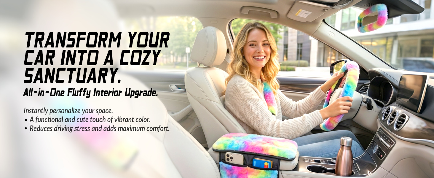 Cross-border plush steering wheel cover, seat belt cover, armrest box pad, car interior accessory set, winter warm and cute