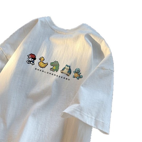 Pixel-style cartoon short-sleeve t-shirt for men, summer trendy brand, simple and loose pure cotton clothing, fashionable and versatile, heavy half-sleeve