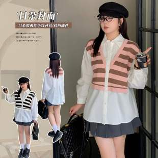 7929 Xuanchen Slightly Fat Korean Style Commuter Style Contrast Stripesd Fake Two-Piece Shirt Autumn New Plus Fat Loose Shirt for Women