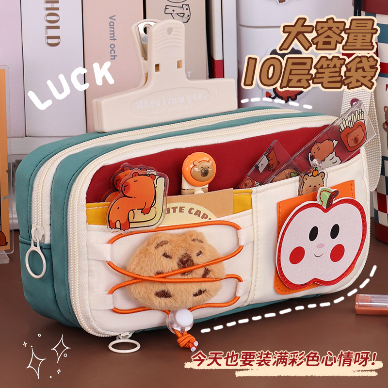 Bolsa de lápices de temporada de apertura de escuela de gran capacidad, linda y divertida bolsa de lápices de manzana para estudiantes de escuela primaria, bolsa de papelería multicapa, cordón, alto valor