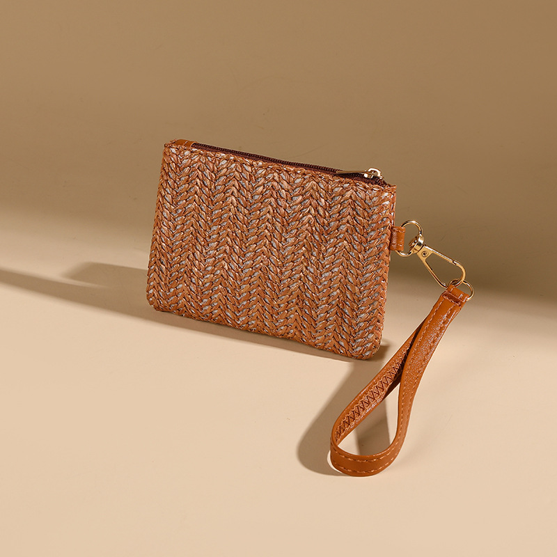 Mini monedero tejido de paja de color sólido transfronterizo, billetera corta de muñeca para mujer, bolso tejido de paja para mujer casual de verano, doble propósito