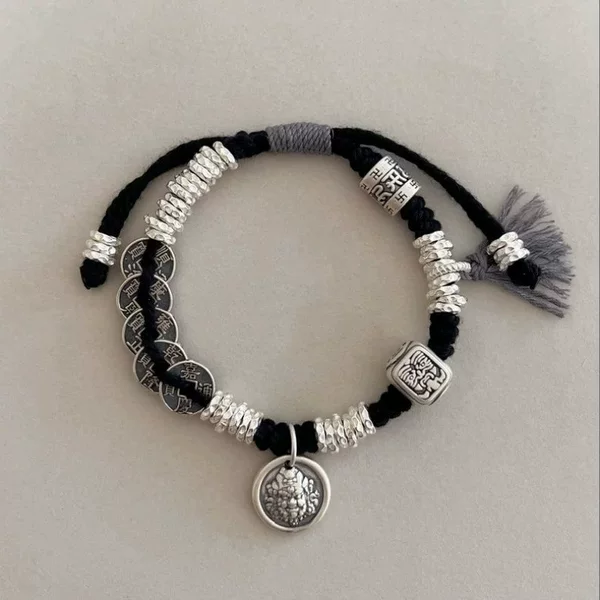 Fashionable New Chinese-Style Gold-Swallowing Beast Braided Bracelet Niche Retro High-Value Handmade Woven Ancient Coin Couple Bracelet