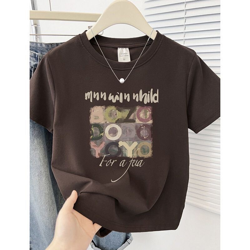European-Style Coffee-Colored Printed Short-Sleeve T-Shirt for Women, 2026 New Summer Round-Neck Fashionable Slim-Fit Top