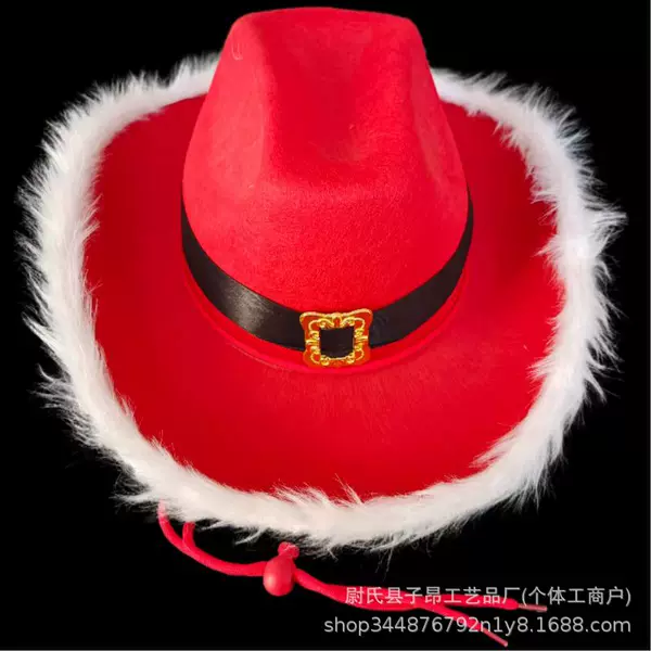 Cross Border Christmas Feather Big Red Gold Metal Buckle Santa Western Cowboy Hat Festival Hat for Men and Women