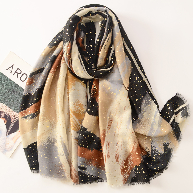 Otoño e Invierno nuevo cálido mantón decorativo pintura cielo estrellado bronceado impresión suave satén algodón bufanda de algodón y lino chal bufanda
