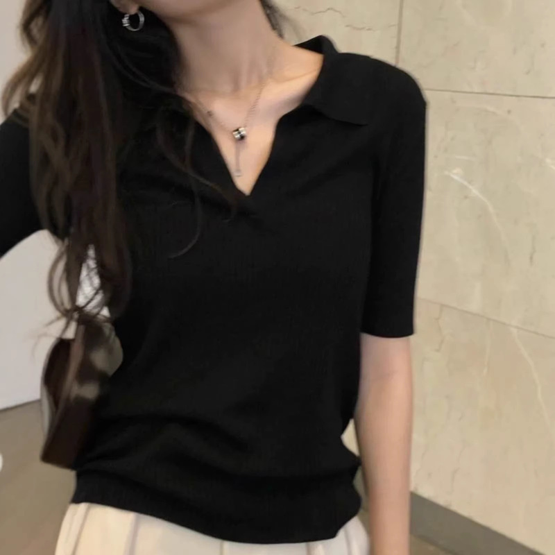 Summer New Style Women's 100% Tencel Lapel Short-Sleeved T-Shirt, Slim Fit, Elegant, Versatile, Simple Casual Knitwear Summer New Style Women's 100% Tencel Lapel Short-Sleeved T-Shirt, Slim Fit, Elegant, Versatile, Simple Casual Knitwear