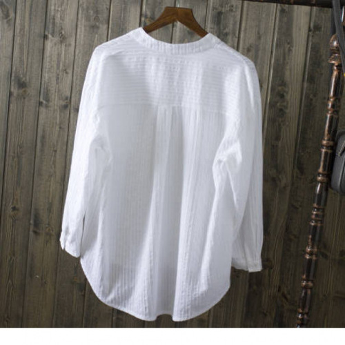 Women's Long-Sleeve Pure Cotton White Shirt with Loose Casual Design V-Neck Blouse for Outerwear