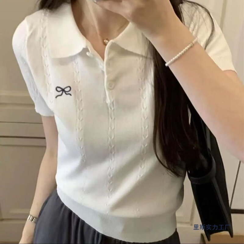 2026 Summer New Style Right Shoulder Collar Bow Knit Sweater Short Sleeve Women's Turn-Down Collar Ice Silk Top 2026 Summer New Style Right Shoulder Collar Bow Knit Sweater Short Sleeve Women's Turn-Down Collar Ice Silk Top