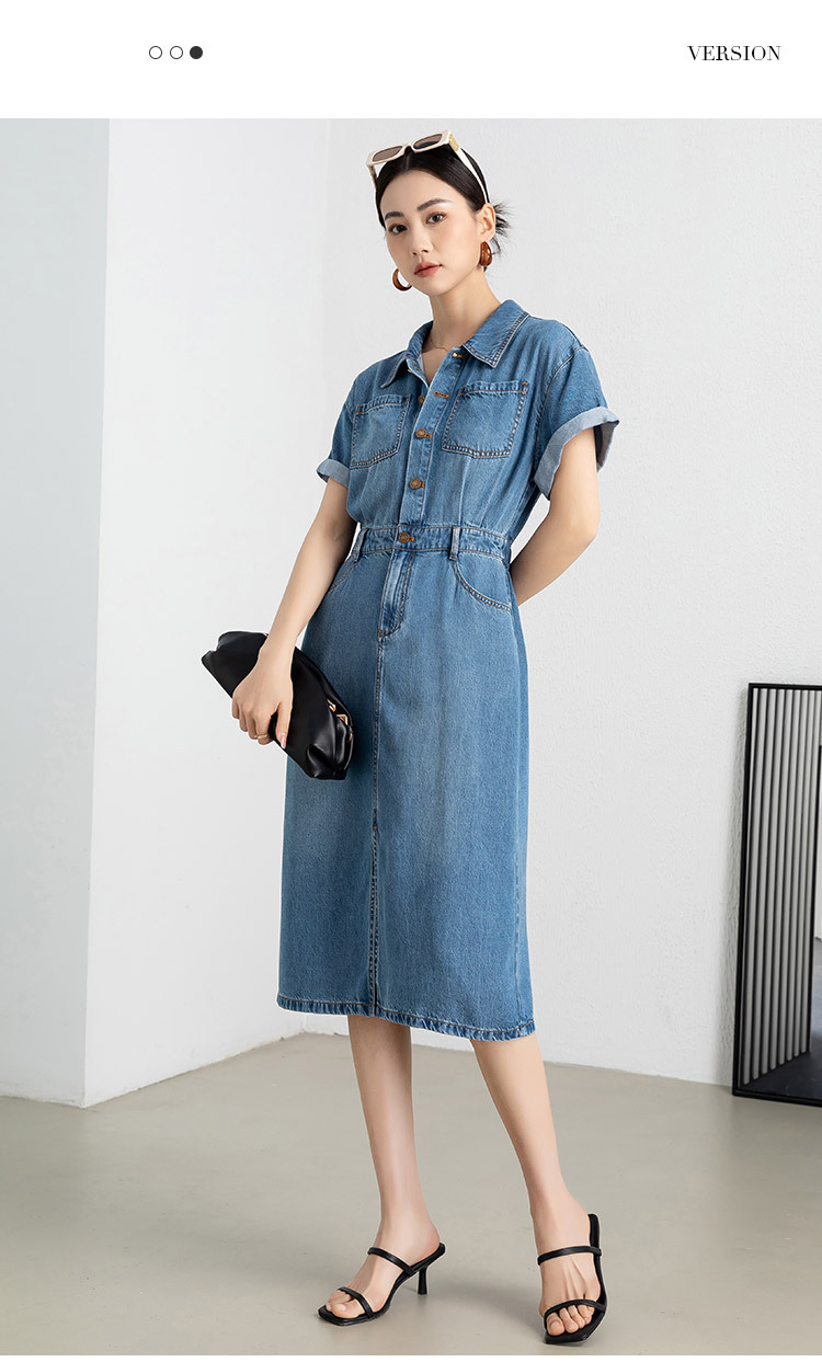 Đầm maxi nữ thắt eo chất liệu denim phối tơ acetate mềm mại, không bí bách — xanh lam chi tiết 15