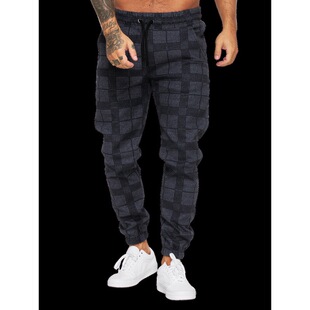 ebay hot sale square Plaid 3D digital printing casual pants fitness skinny pants ankle-tied pants