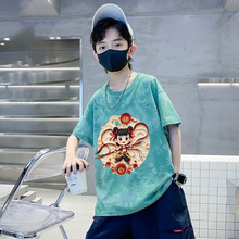 儿童扎染短袖T恤2025夏装新款中大儿童夏款半袖男孩卡通纯棉上衣t